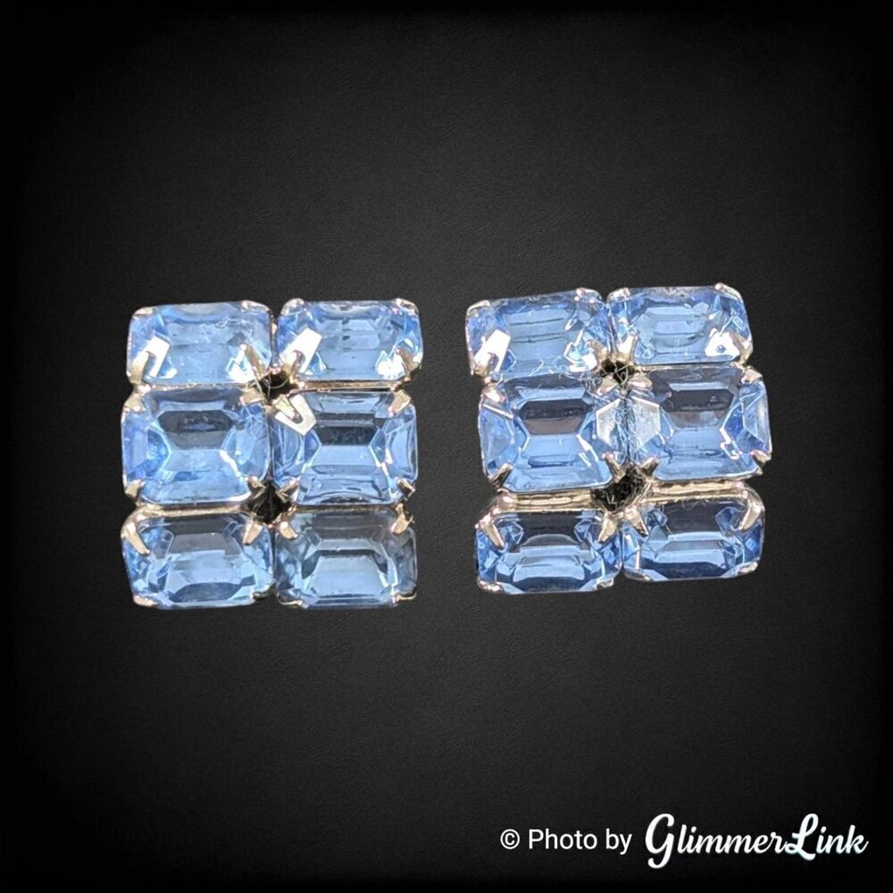 Vintage Blue Baguette Rhinestones Curved Rectangle Silver Tone Clip On Earrings